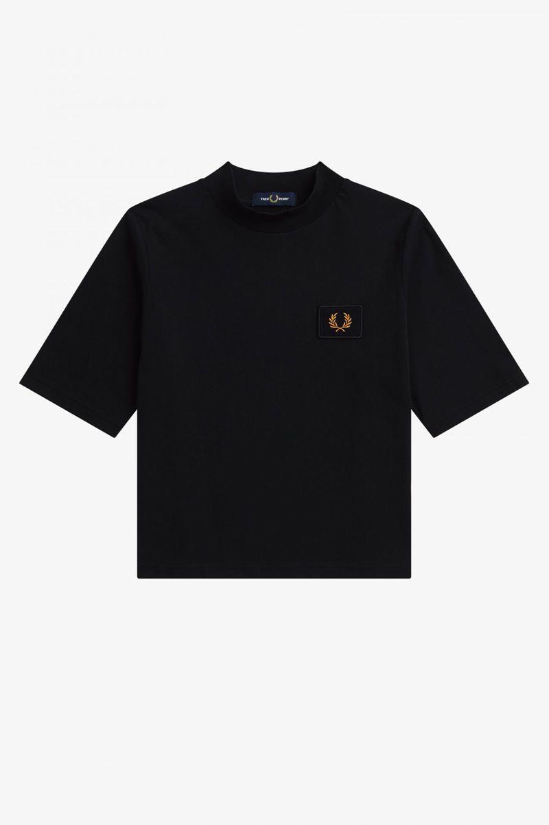 Black Fred Perry High Neck Badge Detail Women's T Shirts | PH 2035RVDW